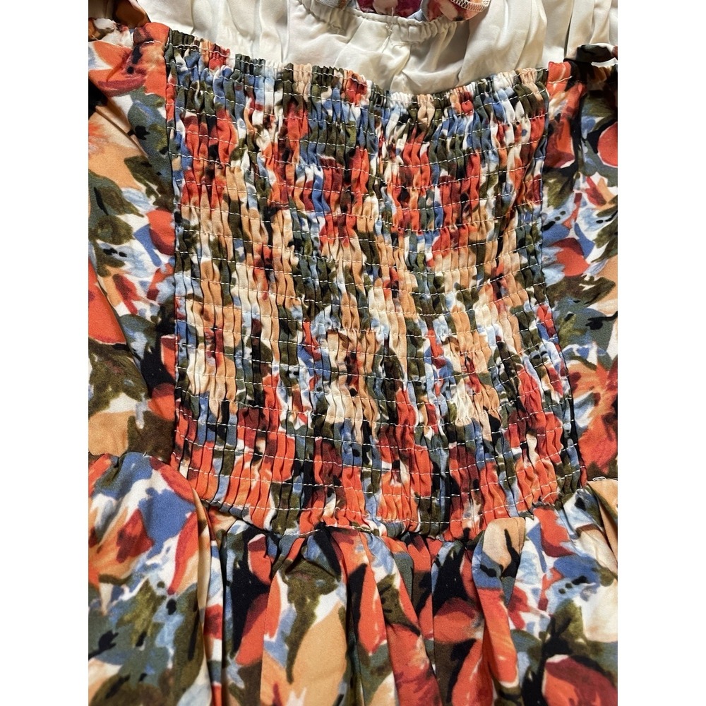 Babydoll Floral Mini Sundress Sz L Sweetheart Neck Smocked From Tie Orange City - Picture 7 of 15
